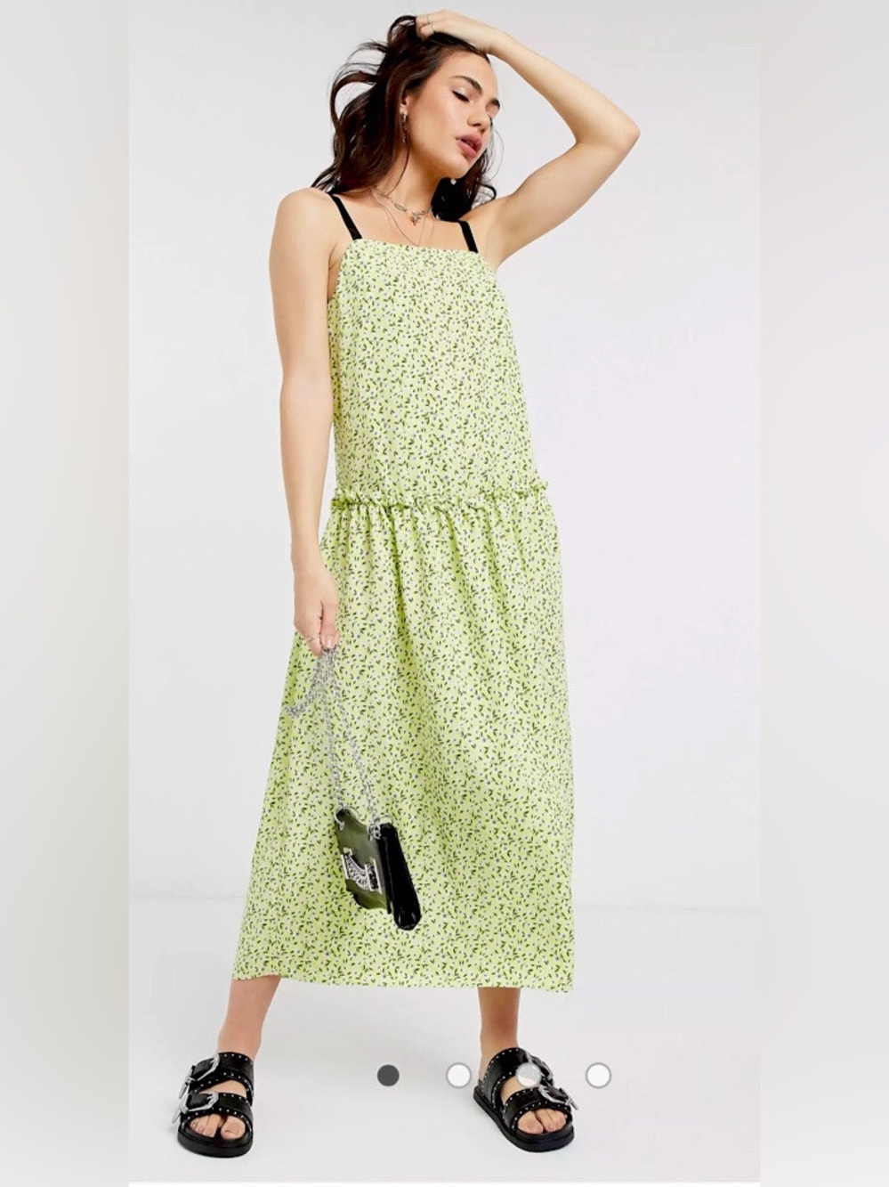 Topshop Lime Green Floral Print Drop Waist Midi Dress w Self Tie Shoulder Straps